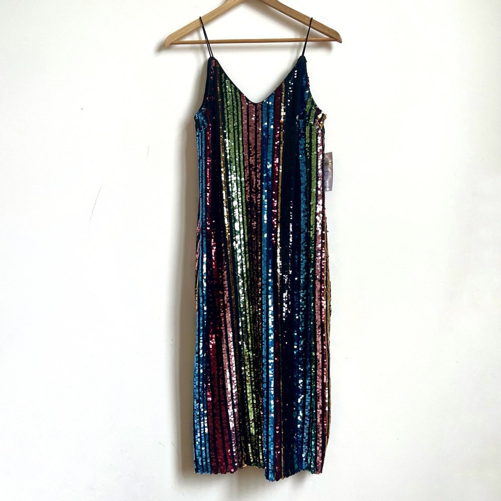 NWT Soprano Sleeveless Sequin Striped Midi Dress Multi Colored Size Small